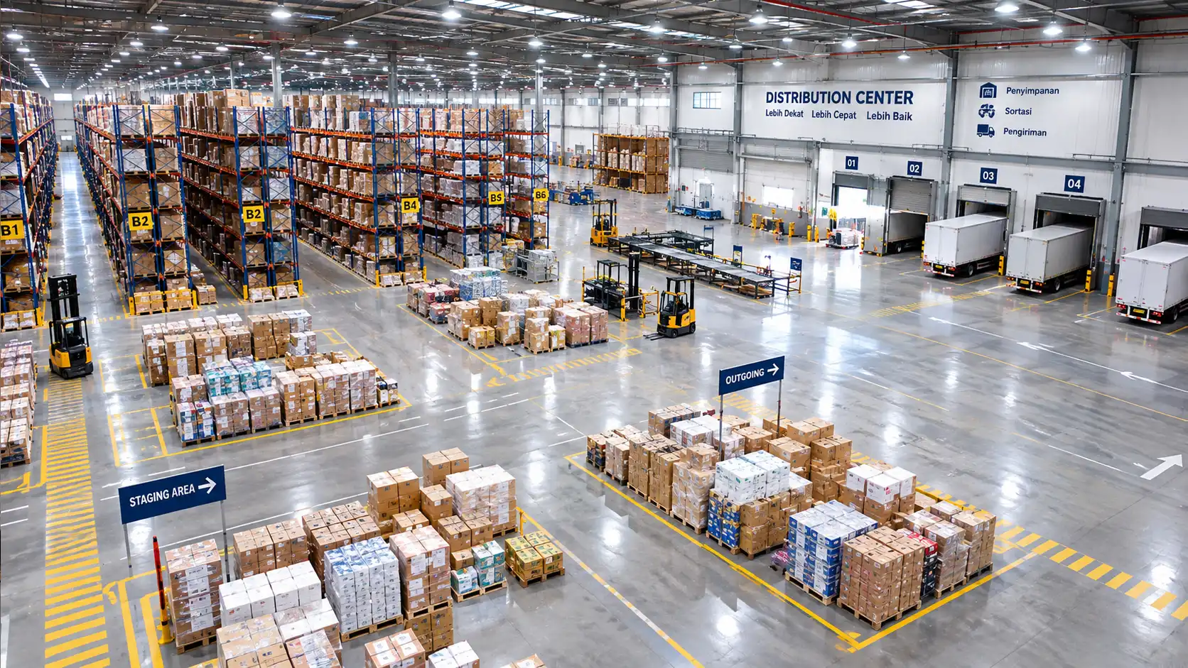 Perbedaan warehouse dan distribution center terletak pada fokus operasionalnya.
